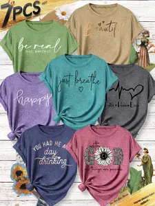 7Pcs Women's Crew Neck T-Shirt, Faith Hope Cat Fun Slogan Print, Multiple Colors Available, Machine Washable, Spring & Summer Tops, Soft Skin-Friendly Fabric, Daily Versatile, Fashion Design