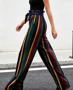 Women's Retro Striped High-Waist Wide-Leg Leg Pants - Belted Ruffled Waist, Flowy Wrap, Loose Elastic Fit, Lightweight Breathable Fabric, Casual Wear with Pockets for Weekend & Everyday Outings