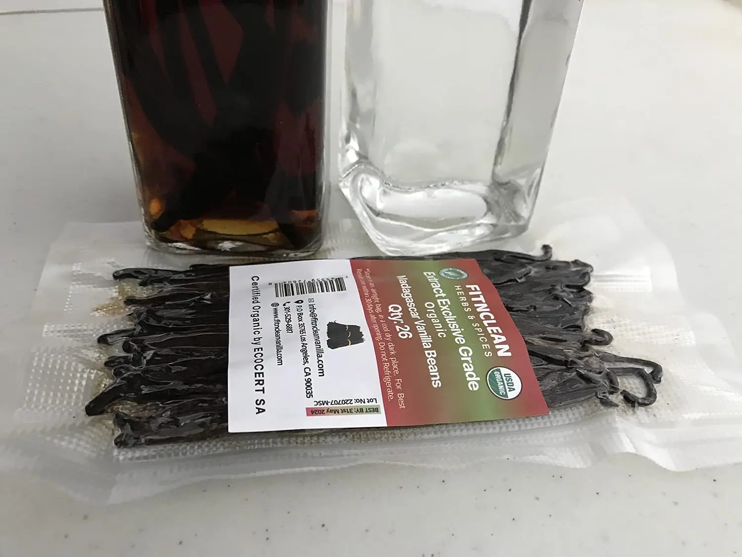 FITNCLEAN VANILLA 26 Pods Organic Madagascar Bourbon Vanilla Beans, 4.5" - 5.5" Pods, USDA Certified Organic, Non-GMO, Exclusive Grade B Dry Whole Beans for Baking Ambient Ingredients