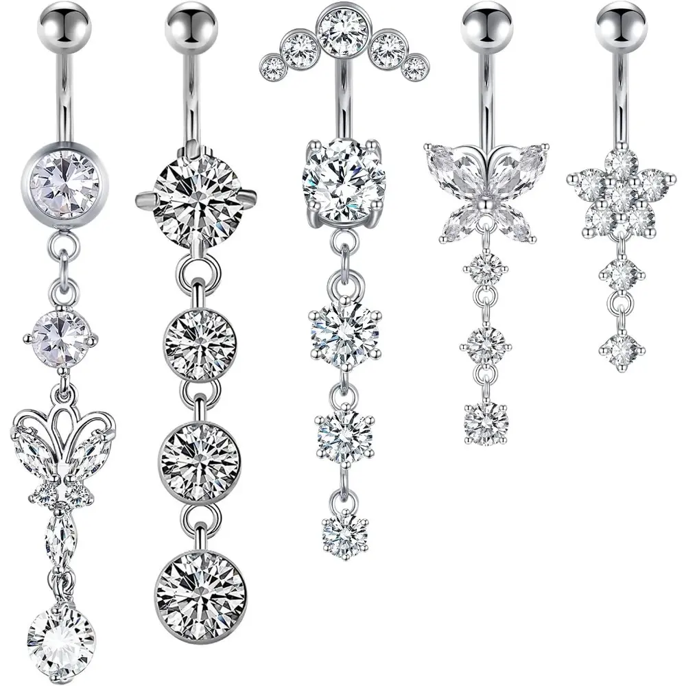 A Set of 7/5/4 Pcs 14G Dangle Belly Button Rings,Surgical Steel Silver Belly Button Rings,Dangling CZ Belly Rings for Women,Silver Gold Belly Button Piercing Jewelry,DIY Hand Tools Kits