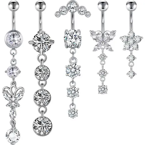 A Set of 7/5/4 Pcs 14G Dangle Belly Button Rings,Surgical Steel Silver Belly Button Rings,Dangling CZ Belly Rings for Women,Silver Gold Belly Button Piercing Jewelry,DIY Hand Tools Kits