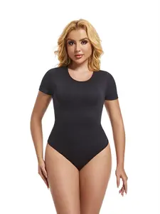 Women's Solid Round Neck Short Sleeve Shapewear Bodysuit, High Stretch Tummy Control Thong Bodysuit, Ladies Shapewear Garment for All Seasons