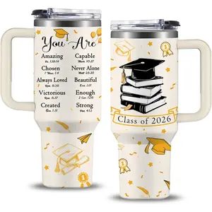 Christian Class of 2026 Graduation 40oz Tumbler with Handle & Straw |   Inspirational Bible Verse Quote Cup, High School College Grad Gift for Her, Masters Degree Religious Present, Insulated Water Bottle Iced Coffee Cup with Cap