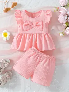 Valentine's Day Gift, Baby Clothing, Baby Girls' Princess Style Shorts Set, Exquisite Striped Flutter-Sleeve Bow Top & Shorts, Stylish Sweet & Cute Outfit, Ideal for Valentine's Day & Travel