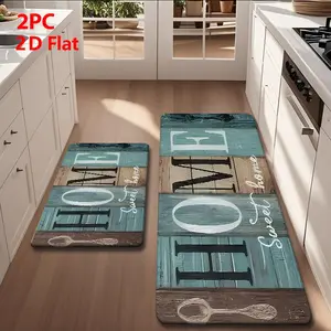 2/3 Piece Flannel Kitchen Mat Set, Rug Sets, Farmhouse Kitchen Rugs, Home Decor Rugs, Vintage Wood Color, Home Sweet Home Design, Non-Slip, Absorbent, Ideal for Kitchen, Boho Washable Rug