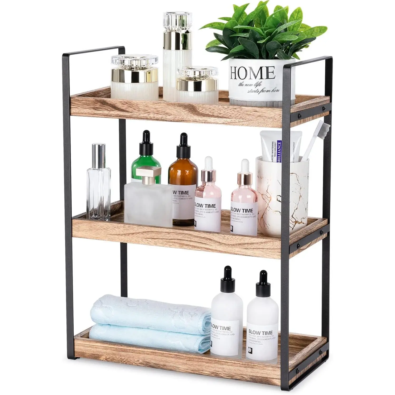 3-Tier Compact Bathroom Focus Countertop Organizer Shelf - Wood & Metal Vanity Storage Rack, Easy Install for Counter Space, Multi-Purpose for Kitchen Coffee Station