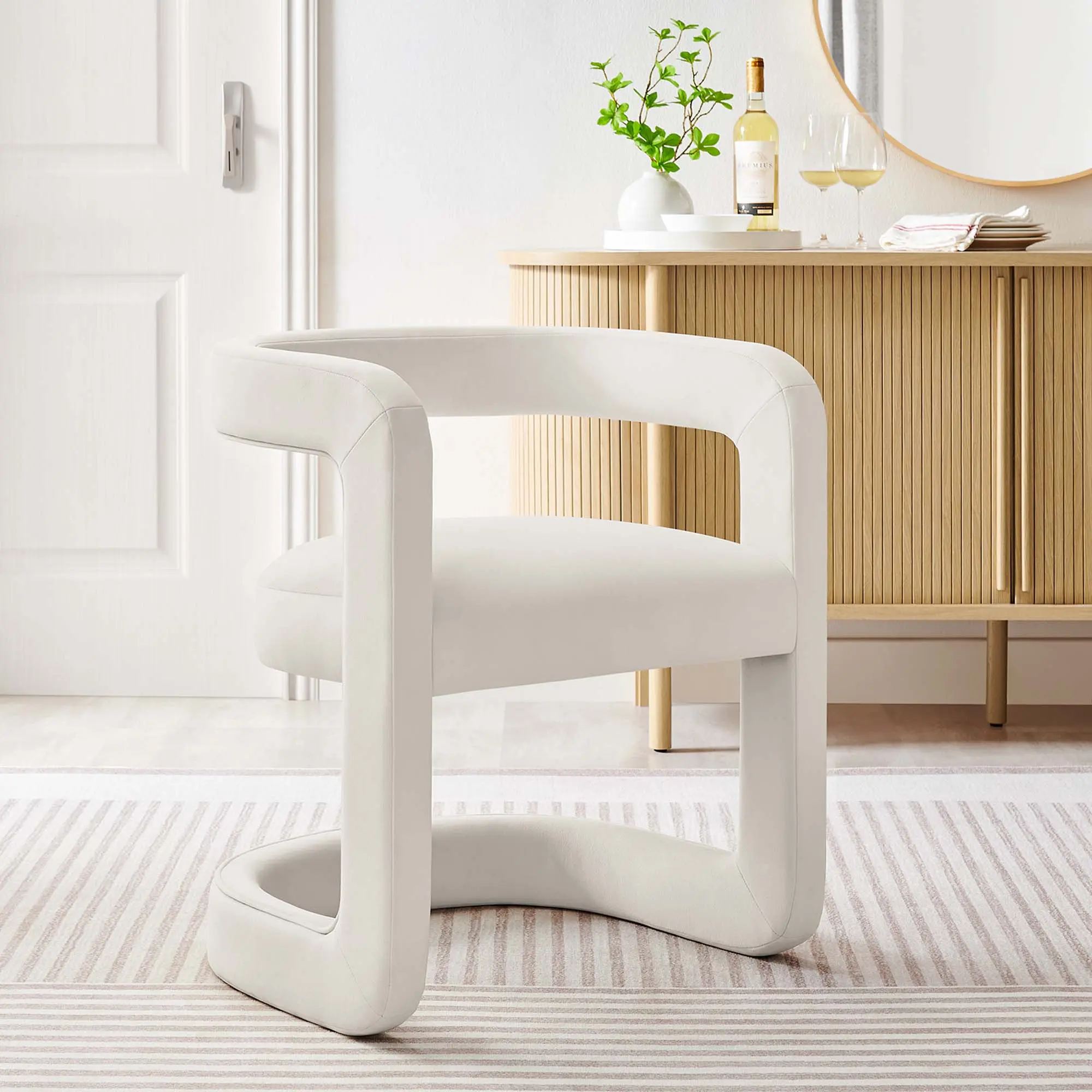 Winslow Performance Velvet Dining Chair - Alabaster Finish, Barrel Form, Fixed Seat, Stain-Resist, Curved Frame, Indoor Dining Room Furniture, Dining Chairs, One Size, Backless