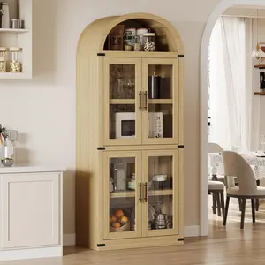 Arched Farmhouse Bookshelf with Doors & Drawers 71.4" Tall Wooden Display Cabinet 15.83" Deep Rounded Bookcase, Oak
