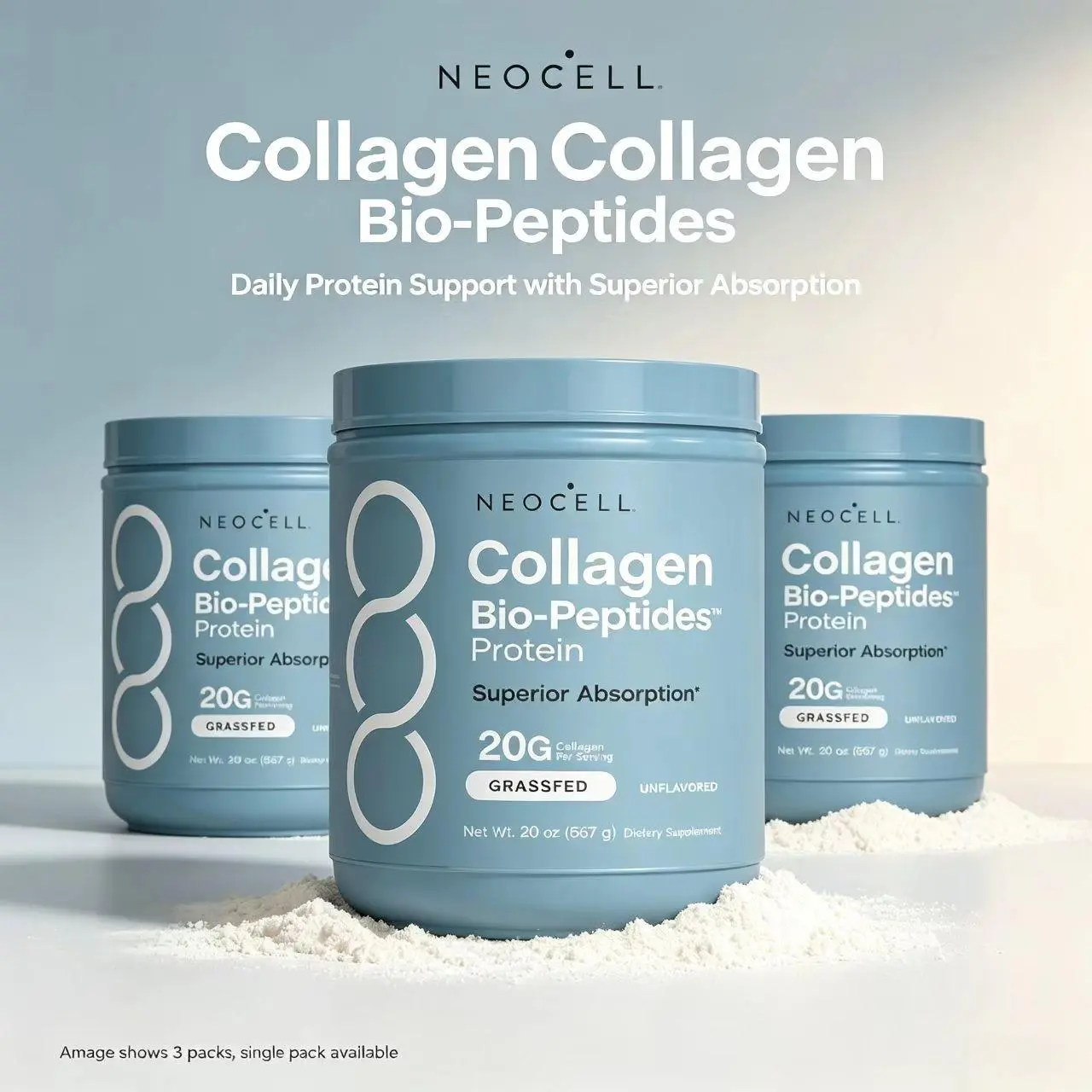 3 Bottles NeoCell Collagen Bio-Peptides Powder 20oz - Grassfed Protein Supplement - Advanced with 18 Essential Amino Acids