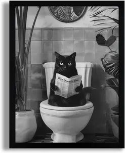 Home Decor Spirit Black and White Bathroom Canvas Wall Art, Funny Black Cat Sitting on Toilet Reading Newspaper Wall Decor, Farmhouse Humor Animal Art Prints for Restroom Decoration 12x18 Inches UNFRAMED