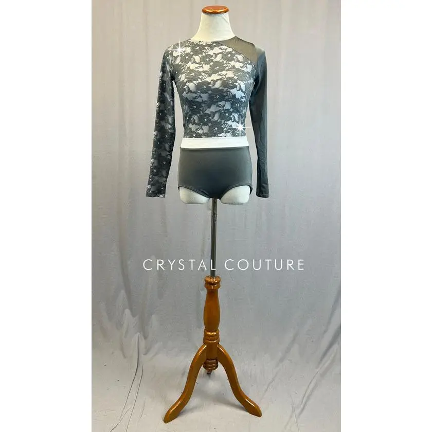 Light Grey Long Sleeved Lace Leotard - Rhinestones