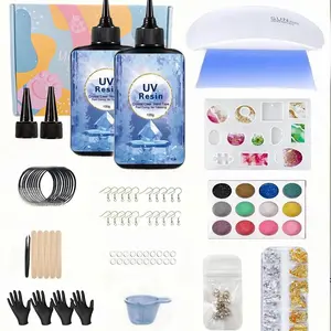 105-Piece UV Resin Craft Kit, Resin Curing, 200g Transparent Hard Resin, Low Viscosity No Shrink Formula, DIY Jewelry Making Supplies，Jewelry/Craft Decoration/Keychain Making Beginner Set (Includes 200g UV Resin, 1 UV Lamp, and 102 Basic Making Tools)