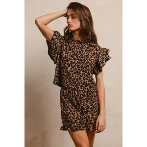 BiBi Leopard Print Waffle Texture Layered Ruffle Sleeve Top and Shorts Set