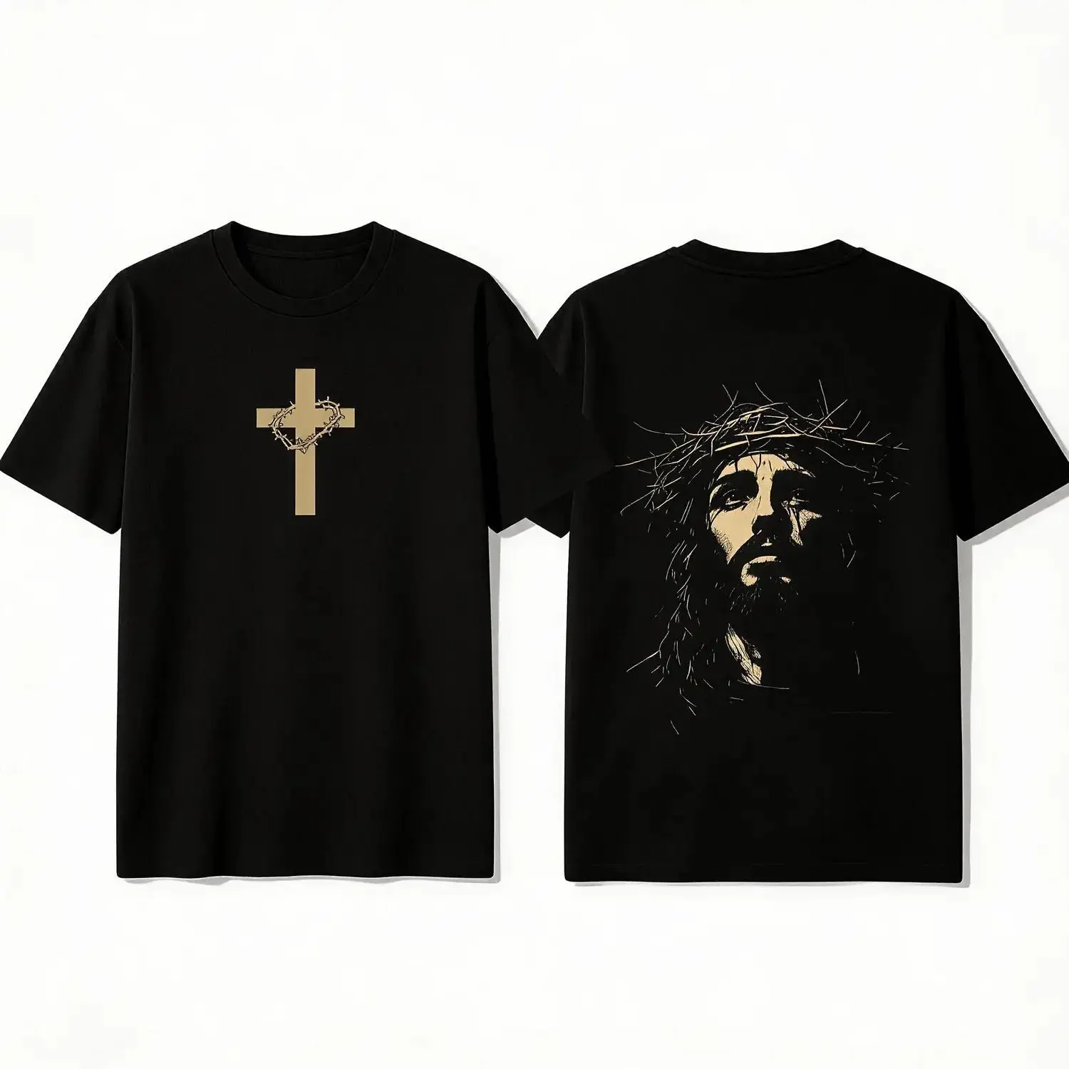Printed Hoodie Featuring a Cross on the Front and a Jesus with Crown of Thorns Illustration on the Back
