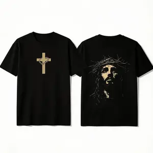 Hoodie Featuring Cross Design on Front and Jesus with Crown of Thorns on Back