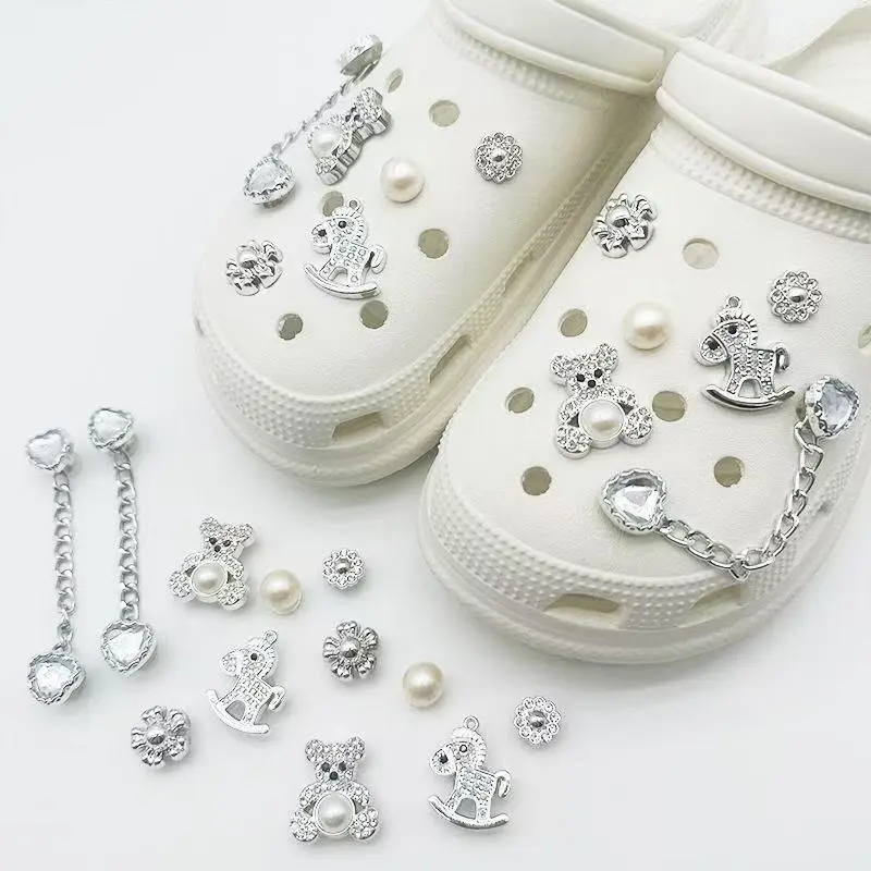 Cute Silver Alloy Shoe Charms Sparkling Crystal Bear & Trojan Horse Pearl Flower Chain Charms Compatible with Crocs Clogs