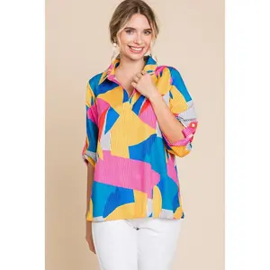 Color Block Short Sleeve Split Neck Collared Top | S-L