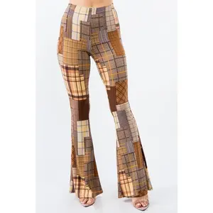Bear Dance Skinny Brushed Pants - Brown Plaid Patchwork