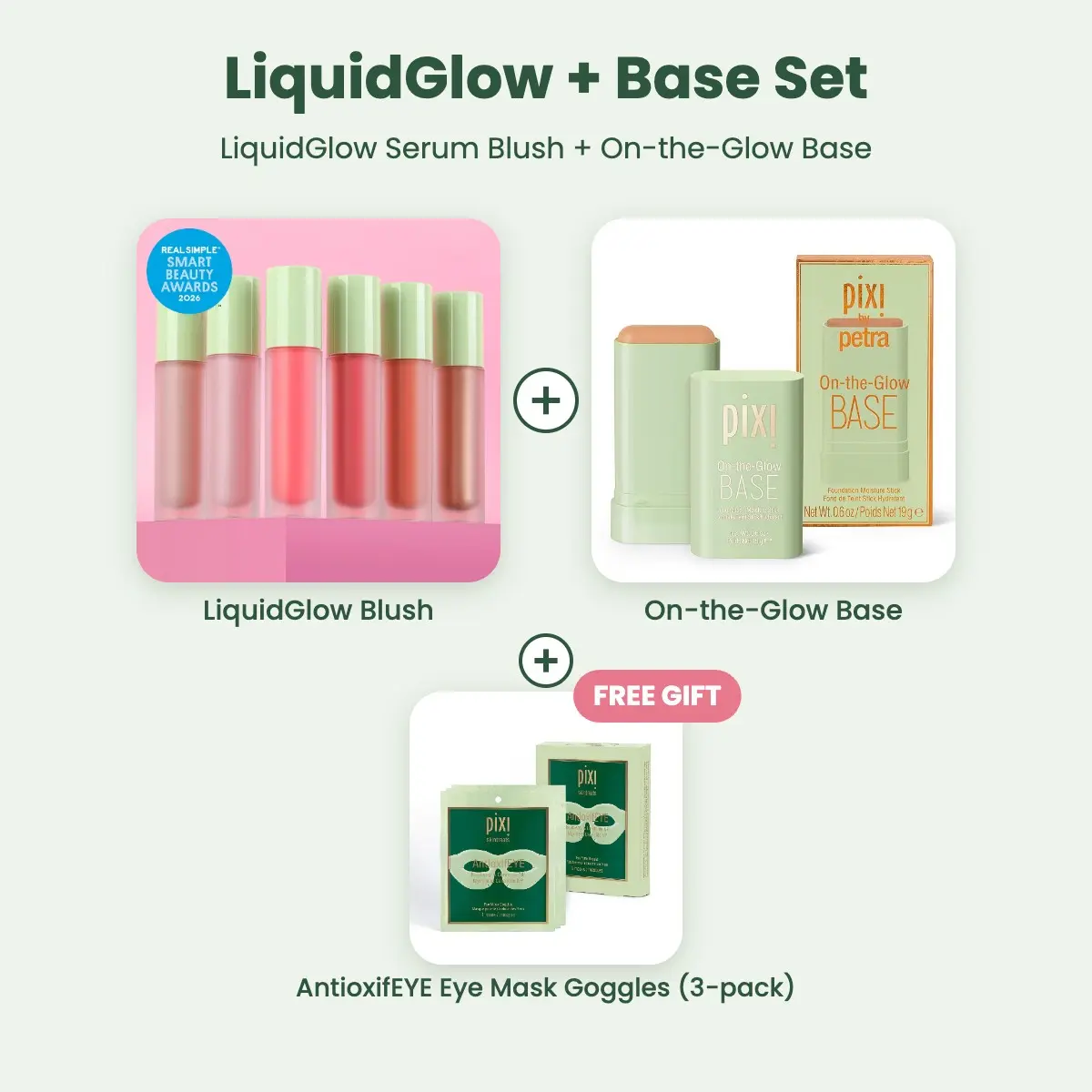 Pixi LiquidGlow + Base Set - LiquidGlow Serum Blush & On-the-Glow Base Stick, Choose Your Shades, with FREE AntioxifEYE Goggles