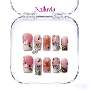 Nailuvia｜D145 1.0 Inch｜10PCS 100% Handmade Press-On Nails｜Reusable Colorful Art Acrylic Stylish｜Luxury Rhinestone Floral