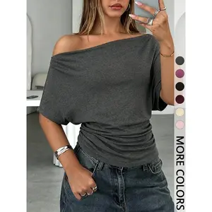 Women's Summer Plain Asymmetrical Shoulder Batwing Sleeve Knit T-Shirt, Loose Fit Drop Shoulder Short Sleeve Top, Womenswear