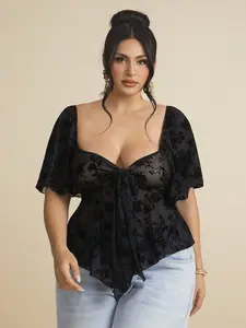HANNA x BAE Plus Size Gothic Style Square Neck Lace Ruffle Sleeve Blouse/ Plus Size Tie Front Top/ Curvy Tops/ Plus Size Blouses/Plus Size Women Spaghetti Strap Cami Tops, Bow Decor, Summer Elegant Holiday Party, Birthdays, Valentine's Day/Wedding Guest D