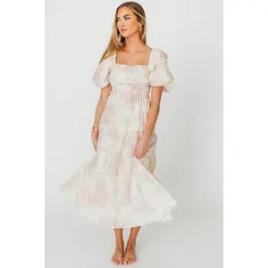 Elena 100% Cotton Toile Print Smocked Midi Dress in Pink - Bump Friendly & Inclusive Sizing