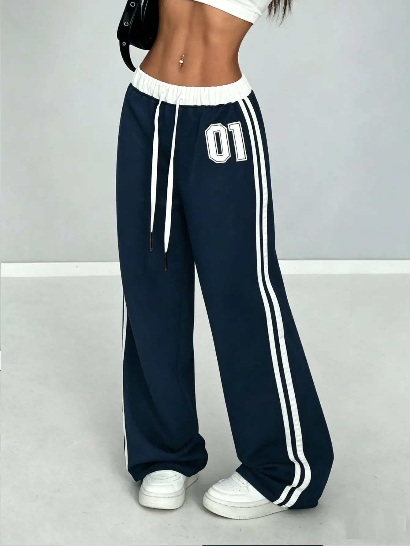 Black-White & Gray-White Contrast Print Style 01 Wide-Leg Casual Jogging Pants with Drawstring High-Waisted Long Pants for Babes Style - Trouser, Womenswear, Adjustable Breathable Bottom