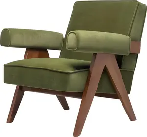 CARTMAN Retro Sofa Green Lounge Chair, Nordic Style Mid-Century Modern Armrests with Rubber Wood Feet, Relax Reading Single Seater Sofa Chair Chandigarh for Living Room Bedroom Hotel Decoration