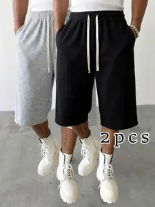 Pack of 2: Men’s loose casual straight-leg capri pants; men’s hip-hop style elastic-waist relaxed comfortable athletic pants