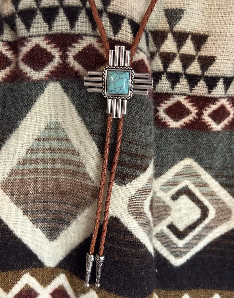 Turquoise Zia Bolo Tie : Southwestern Cowboy Leather Necklace Cross