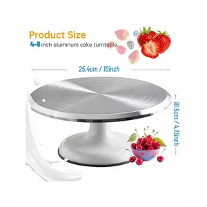 Rotating cake turntable, aluminum top plate, beige base, smooth 360-degree rotating, stable, non-slip platform, suitable for baking, decorating, and cake decorating.