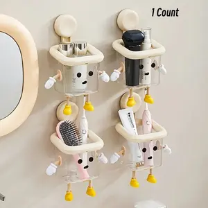 Cute DIY Toothbrush Holder, Wall-Mounted Suction Cup Storage Rack, Multi-Purpose Transparent Box for Bathroom & Kitchen Use