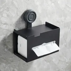 Suction Cup Toilet Paper Holder with Shelf, No Drill Bathroom Organizer, Heavy-Duty Vacuum Suction, Rustproof Space Aluminum, Matte Black Wall Mount Tissue Dispenser for Bathroom, RV, Rental Friendly