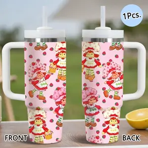 PIKPAKA Strawberry Shortcake Strawberry Harvest 40oz Stainless Steel Tumbler with Handle & Straw, Insulated Thermos, Vacuum Insulated Travel Mug Keeps Drinks Cold 12 Hours, Leak-Resistant Cup for Iced Coffee, Water, Office, Gym or Travel