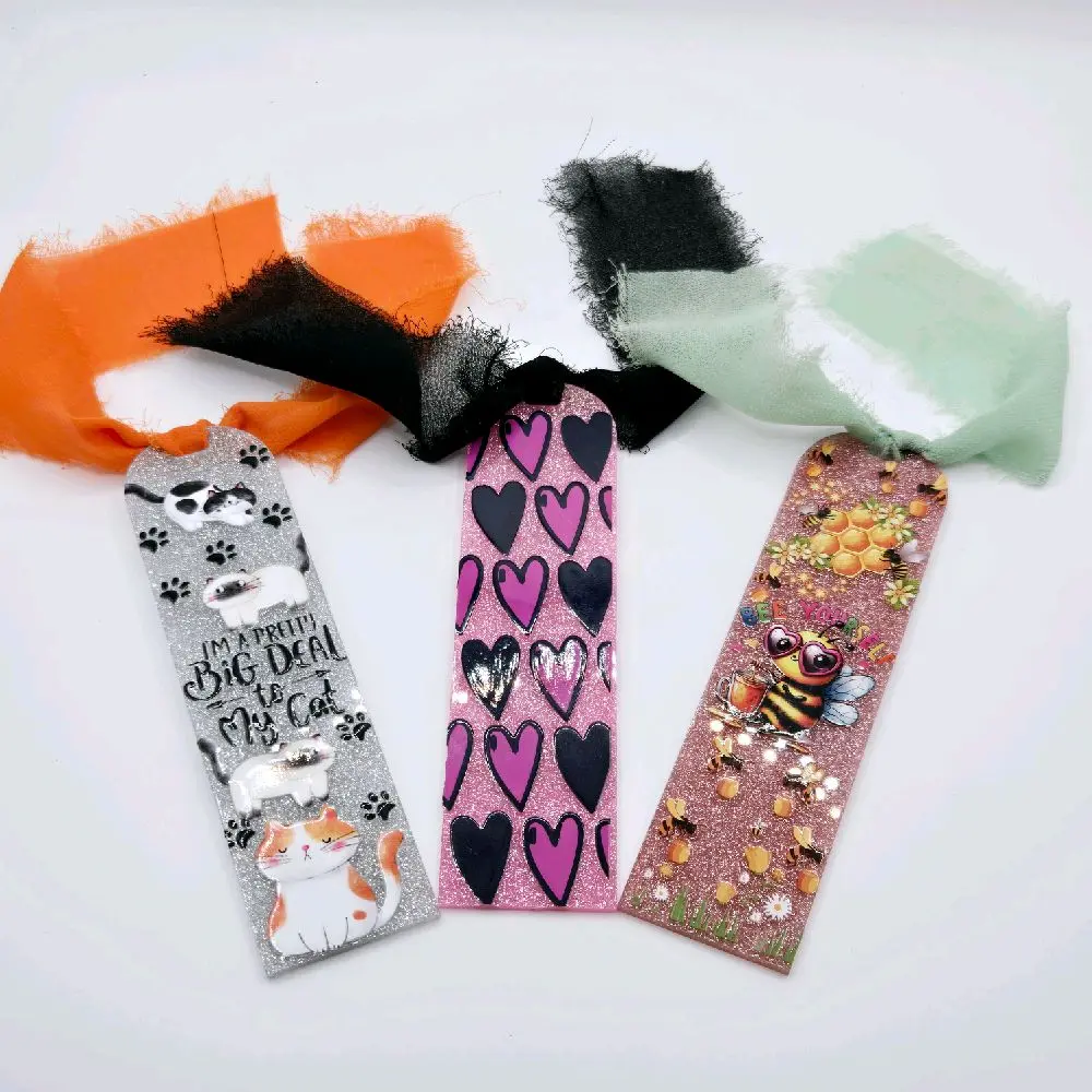 Cute Bookmarks Glitter Acrylic with a Chiffon Raw Edge Tassel Cats, Hearts, Bee Yourself