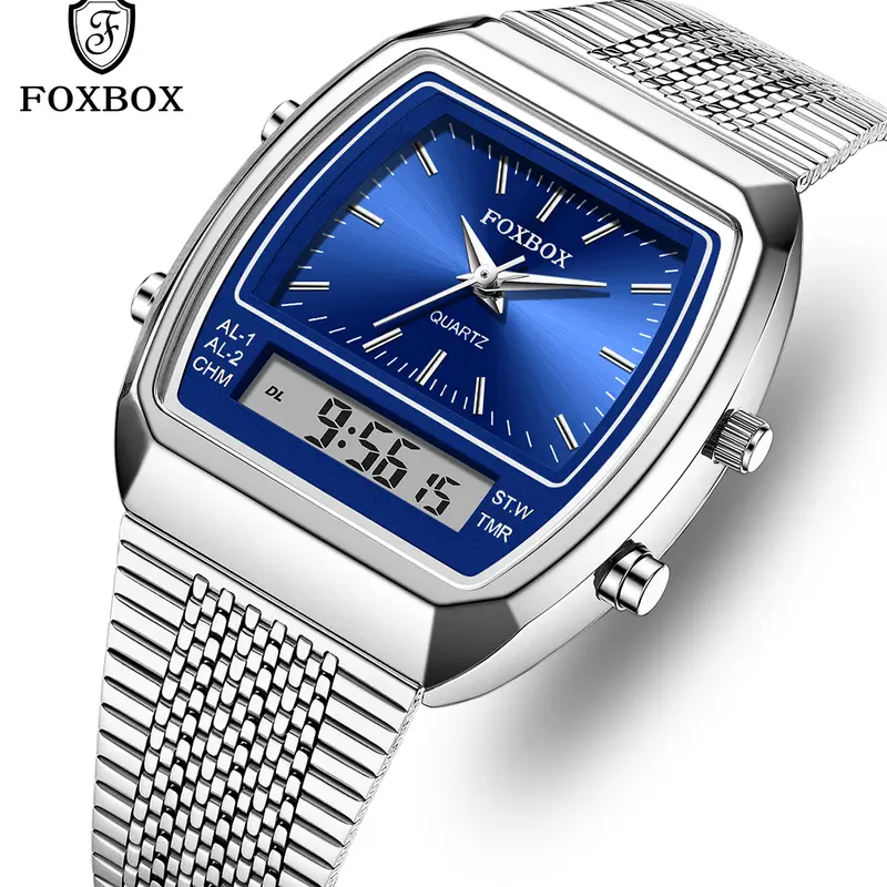 Unisex FOXBOX by LIGE Fashion Casual Business Wristwatch - 40mm Dial, Digital-Analog Dual Display, Luminous Pointer, Modern Trendy, Adjustable Stainless Steel Clasp Band, Water-Resistant, Adult Accessory, Cool Gift