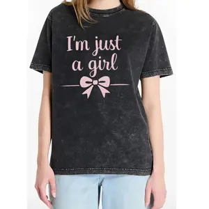 Women's Washed Graphic Tee – Soft Crew Neck, Pink Bow Detail, Casual Short Sleeve Top for All-Season Style and Everyday Comfort