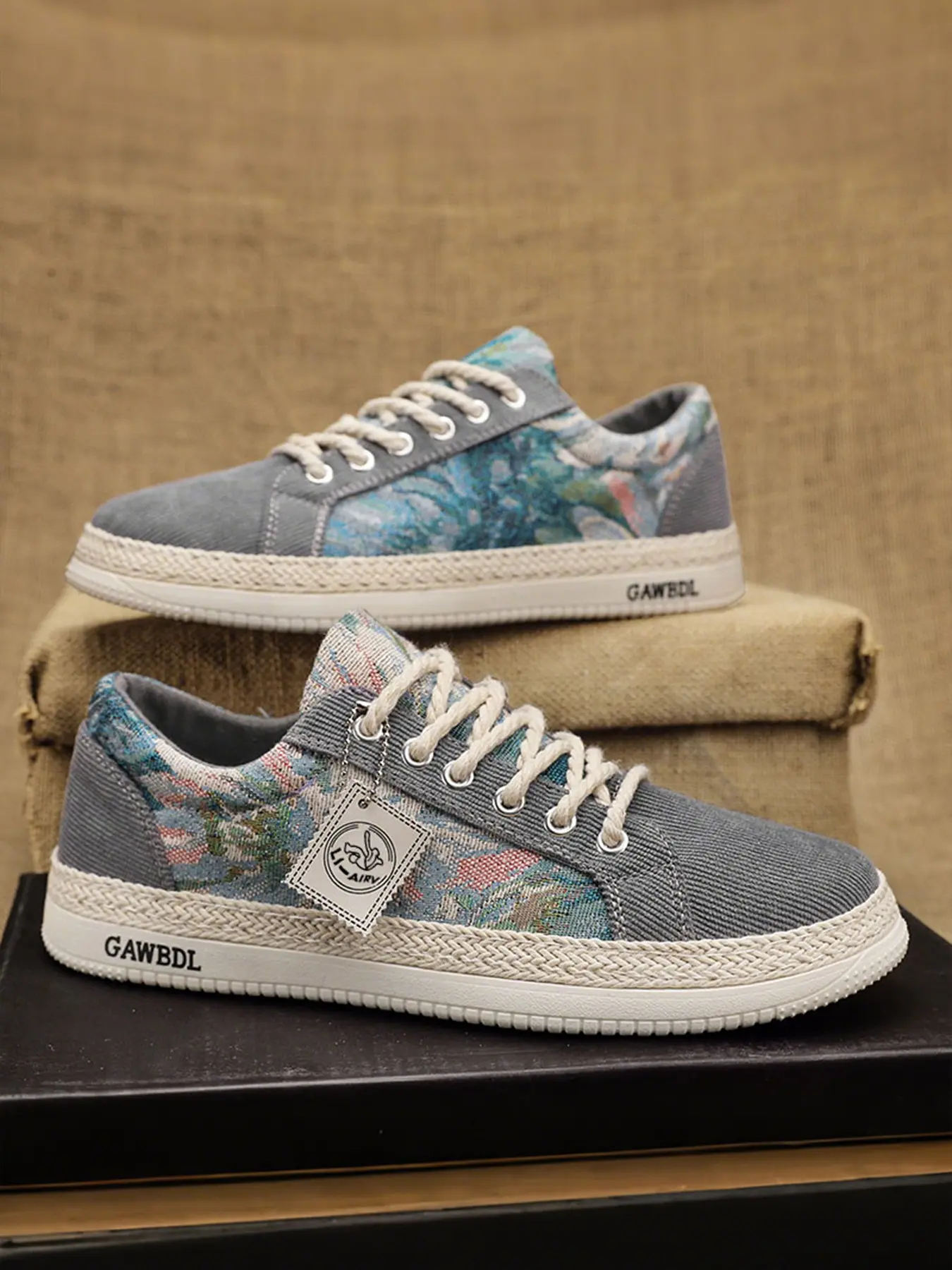 Men's Vintage Oil Painting Colorblock Canvas Walking Shoes, Summer Lightweight Breathable Design Casual Athletic Sneakers, Casual Walking Trainers, Hemp Rope Laces, National Trend Sports Shoes