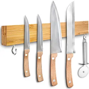 Magnetic Knife Holder for Wall 16 Inch, Bamboo knife magnetic strip No Drilling with 2Hooks, Strong Magnet Knife Holder strip, Magnetic Knife Rack Bar for Kitchen Knives and Tools