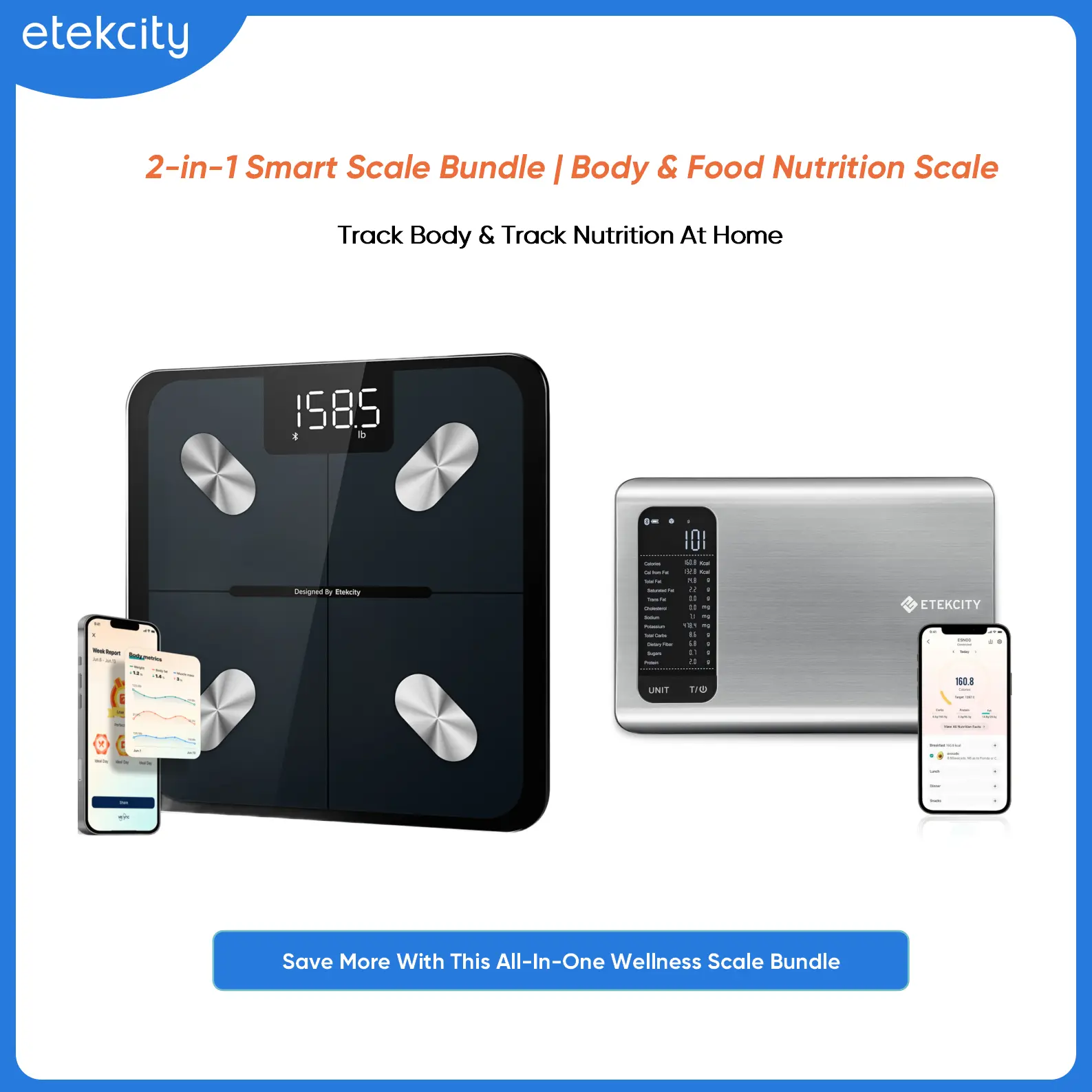 Etekcity Rectangular Intelligent Bathroom Weighing Scale Bundle - Digital Body Fat Scale with Accurate Weighing, Bluetooth Composition Tool, Food Nutrition Tracker, Vesync App Integration for Fitness Selfcare Summer Sale