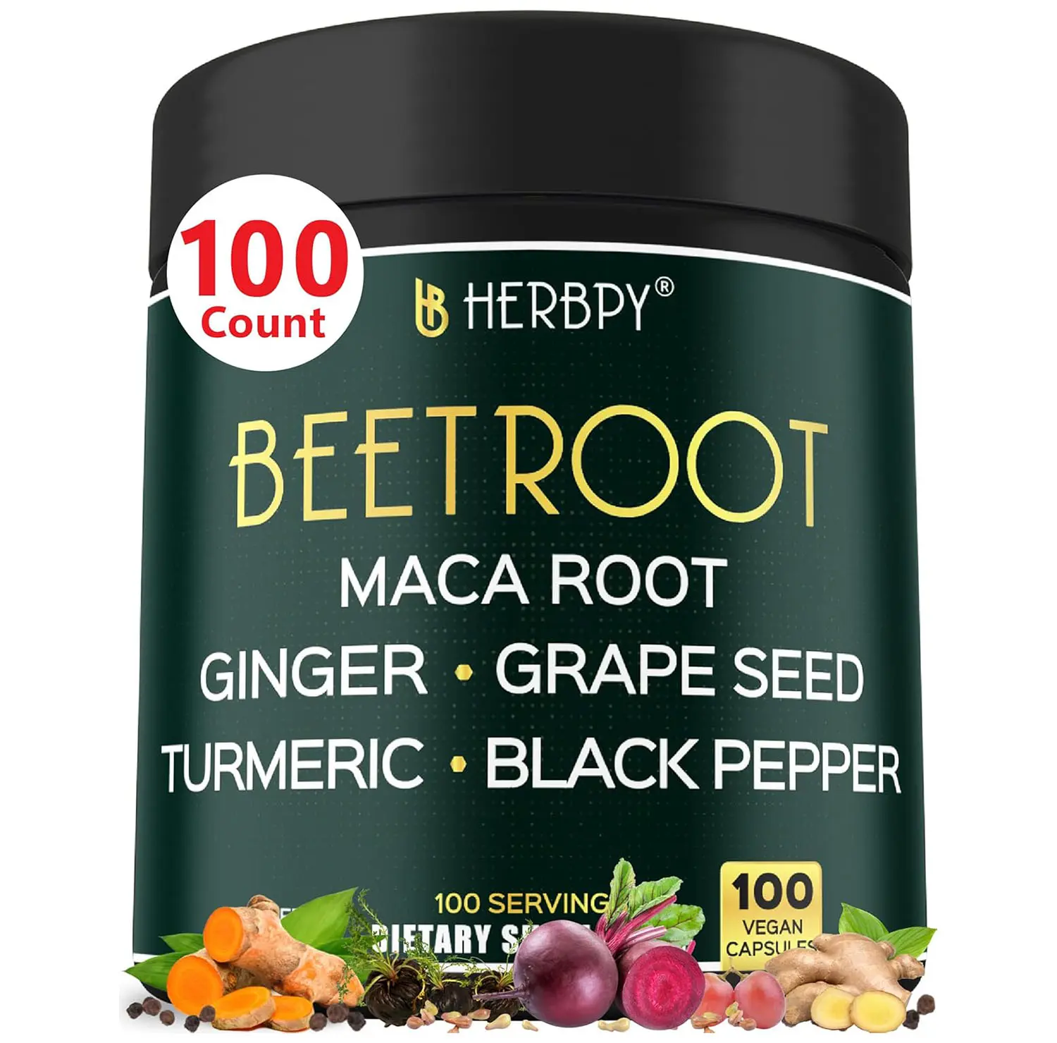 6in1 Beet Root Capsules for Heart Health, Vitality & Immune Support* | 10:1 Extract Beetroot Supplement with Black Maca, Grape Seed, Ginger and Turmeric roots, & Black Pepper | 100 Vegan Capsules