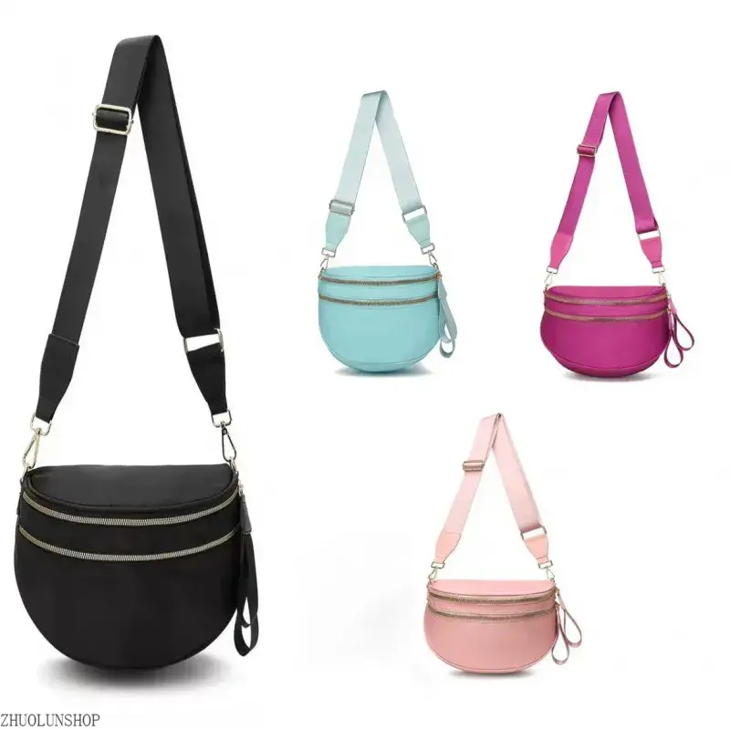 Trendy Waterproof Nylon Saddle Crossbody Bag - Double Zipper, Large Capacity, Adjustable Strap, for Casual Daily Travel Use