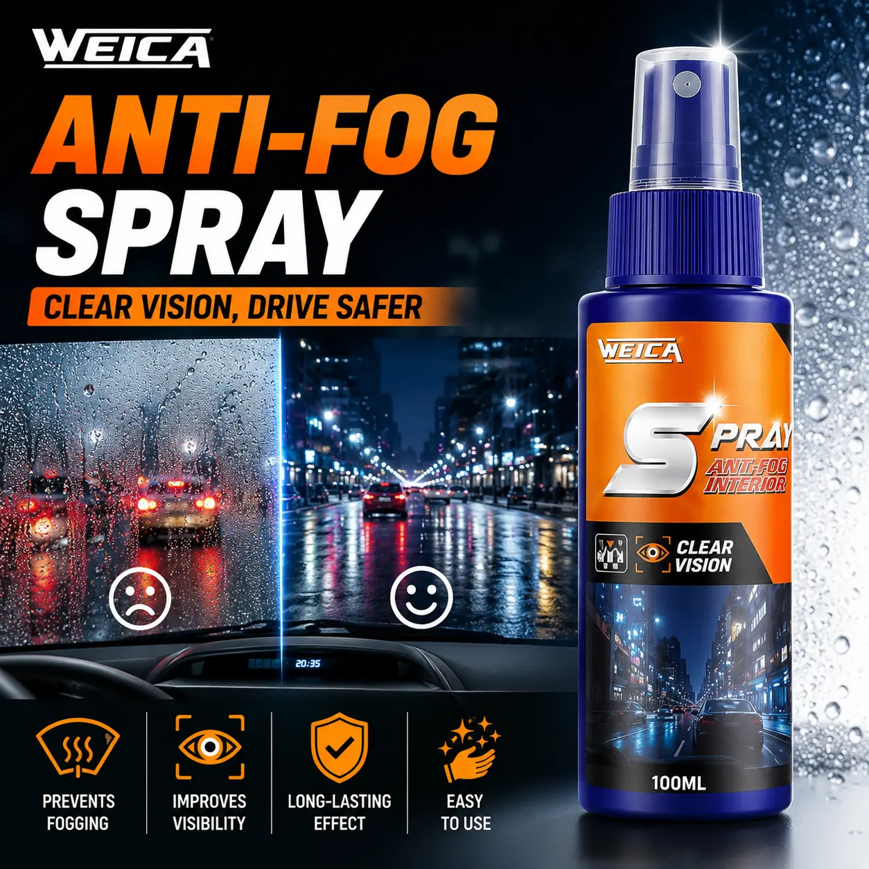 Car Windshield Anti-Fog Spray | Instantly Prevents Fogging & Improves Driving Visibility | Streak-Free Glass Treatment | Long-Lasting Anti-Fog Protection for Windshields, Mirrors & Windows | Easy Spray & Wipe Formula | Safe for Cars, SUVs & Trucks