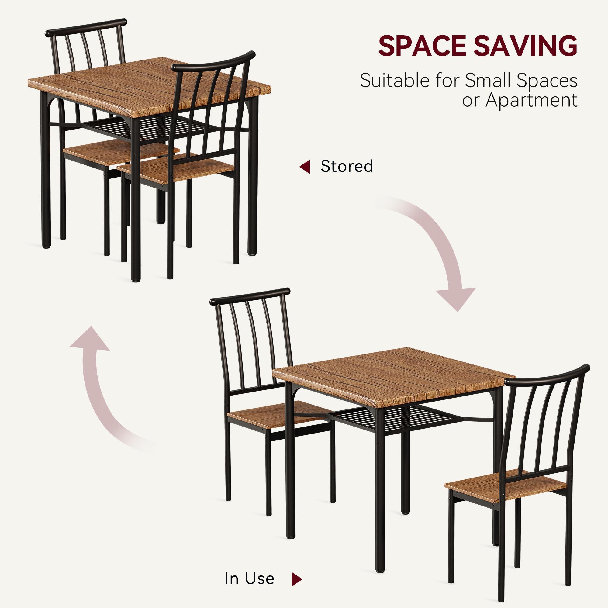 Space-Saving 3-Piece Dining Table Set for 2, Compact Kitchen Table & 2 Chairs with Storage Shelf, Non-Toxic Smooth MDF Tabletop, Rustic Brown Small Bistro Furniture for Apartments & Small Spaces