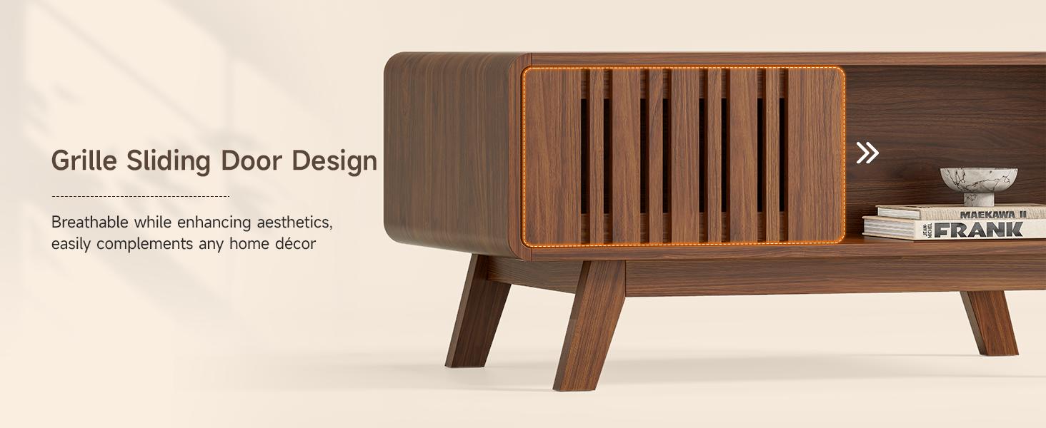 【SPOTLIGHT DAY】ONBRILL Coffee Table, Mid Century Modern Table with Storage Compartment, Fluted Table with Sliding Cabinet Door, Farmhouse Wood Coffee Table for Living Room