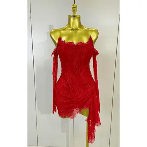 Mya Strapless Backless Red Lace Split Mini Bodycon Dress With Gloves