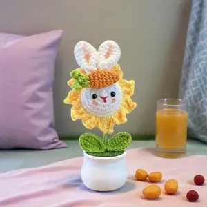 Handmade Crochet Flowers & Knitted Little Dragon/Rabbit Mini Potted Ornament, Spring Easter Boho Decor for Home Office Desktop, Cute Car Dashboard Decoration