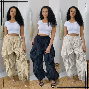 Autumn new elegant commuting work pants patch lace pleated lantern pants jogging pants elastic waist drawstring loose wide leg pants with loose straps/wide leg pants
