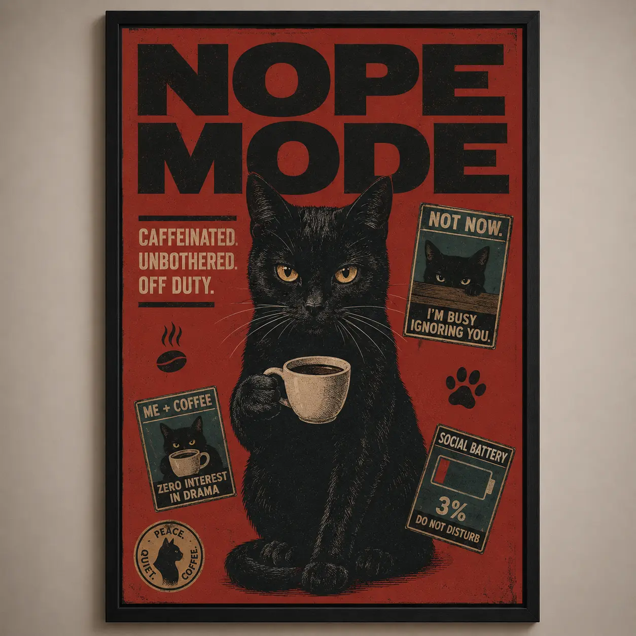 Nope Mode Black Cat Poster, Funny Coffee Cat Wall Art, Introvert Cat Lover Room Decor | Poster No Frame